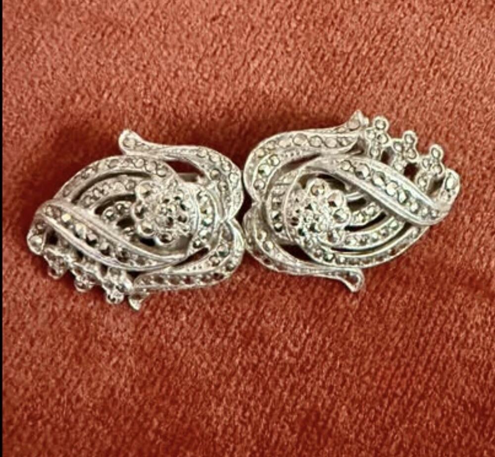 1930s Art Deco Marcasite Duette Brooch/Dress Clips, Clip on Tie